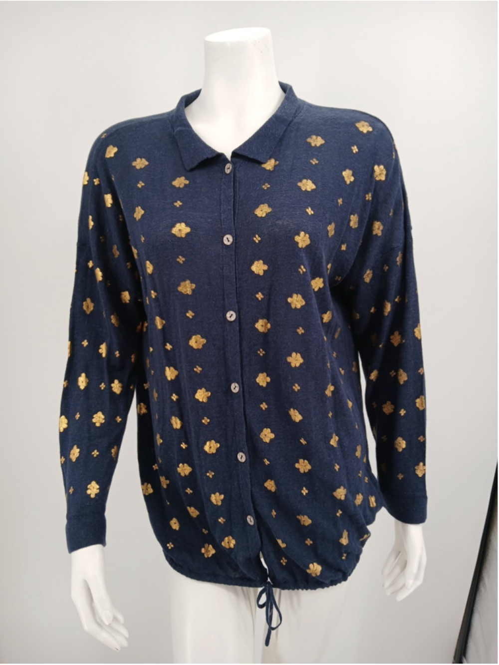 Nic + Zoe Navy Blue Gold Floral Linen Blend Cardigan Size L